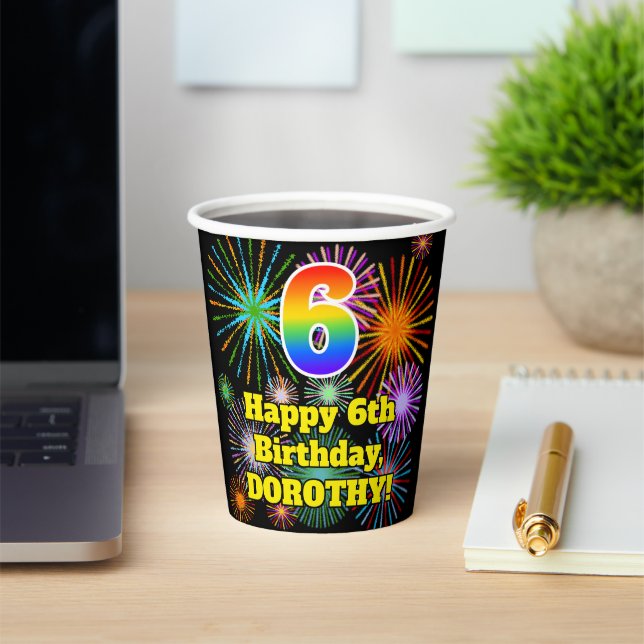6. Geburtstag: Fun Fireworks Pattern + Regenbogen  Pappbecher (InSitu)
