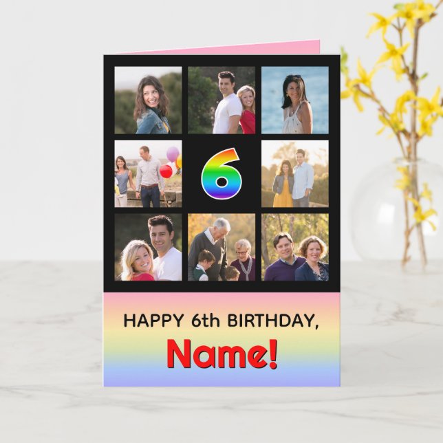 6. Geburtstag: Fun Rainbow #, Custom Fotos + Name Karte (Gelbe Blume)