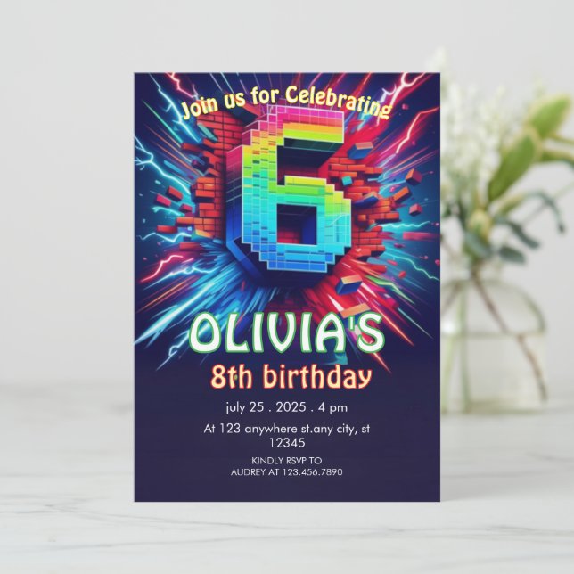 6. Geburtstag Junge Pixel Neon Einladung (Stehend Vorderseite)