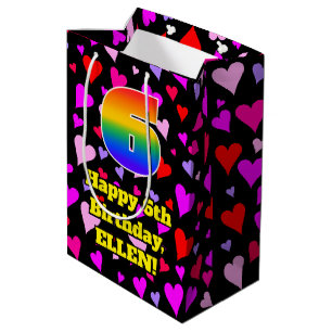 6. Geburtstag: Liebesherz-Muster, Regenbogen # 6 Mittlere Geschenktüte