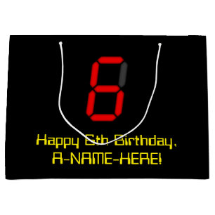 6. Geburtstag: Red Digital Clock Style "6" + Name Große Geschenktüte