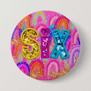 6. Geburtstag Regenbogen Pailletten Rosa Button