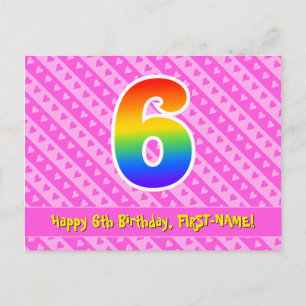 6. Geburtstag: Rosa Streifen & Herzen, Regenbogen  Postkarte