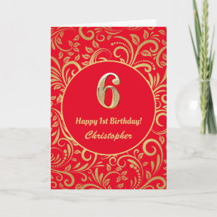 6. Geburtstag Rot und Gold Floral Muster Karte
