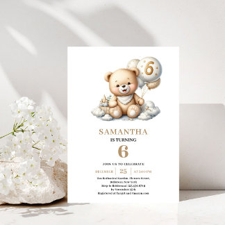 6. Geburtstag Teddybär Goldener Ballon Einladung