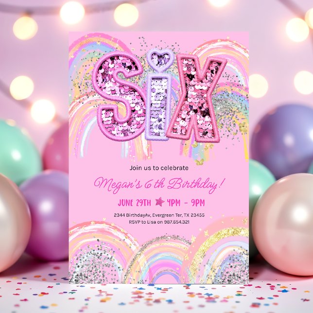 6. Geburtstags-Einladung Regenbogen Einladung (Rainbow Pastel Sequin 6th Birthday Pink Invitation)