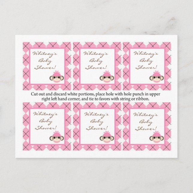 6 Gefälligkeitsmarken Pink Raute Sock Monkey Einladungspostkarte (Vorderseite)