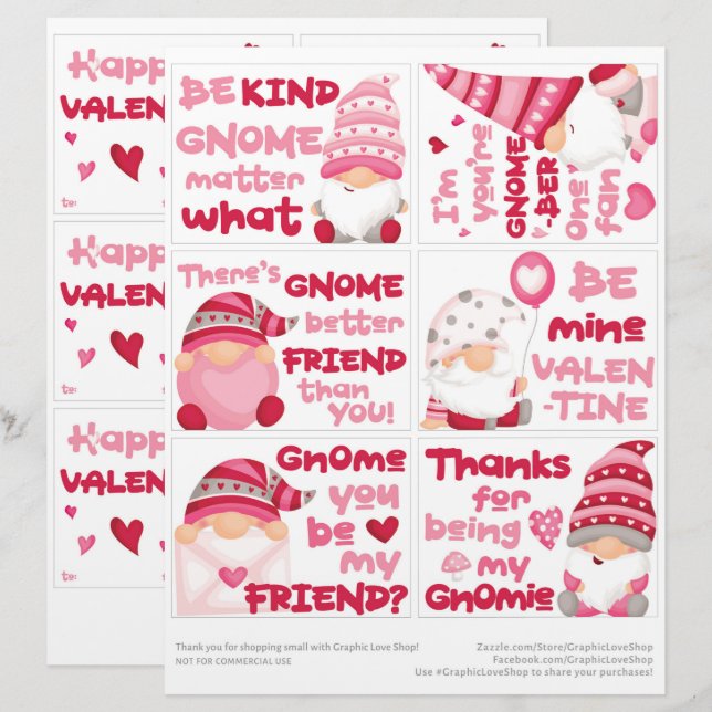 6 Gnome Kids Classroom Valentine Day Cards Briefbogen (Vorne/Hinten)