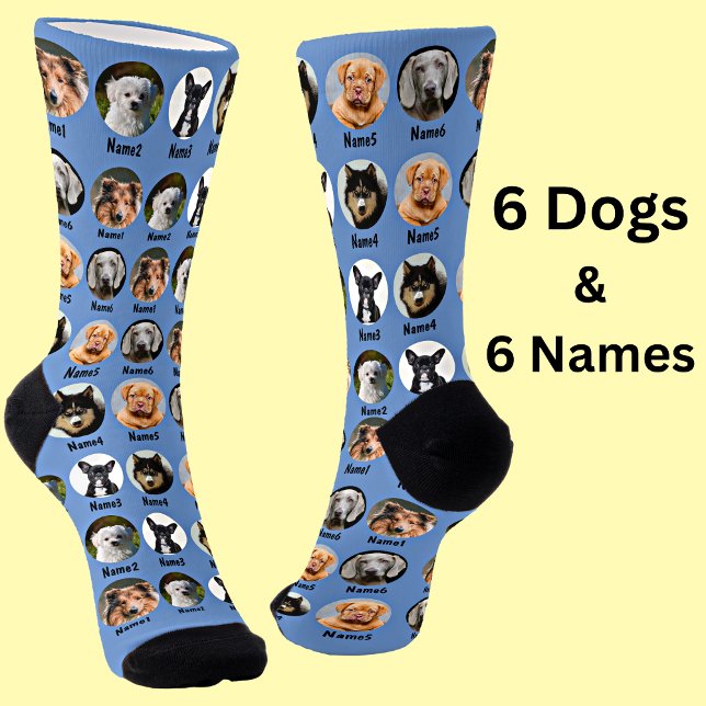 6 Hunde, 6 Namen, Hunde Foto - Personalisiert blau Socken (Von Creator hochgeladen)