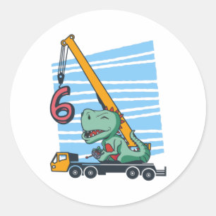 6 Jahre 6. Geburtstag Mobilkran Dinosaurier Runder Aufkleber