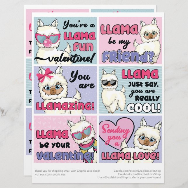 6 Llama Kids Valentinstag Cards Briefbogen (Vorne/Hinten)