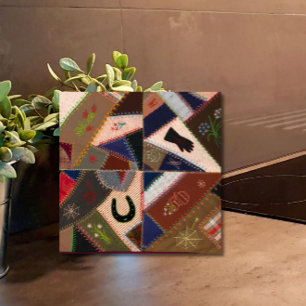 6" Lucky Horseshoe Vintag Patchwork Crazy Quilt Fliese