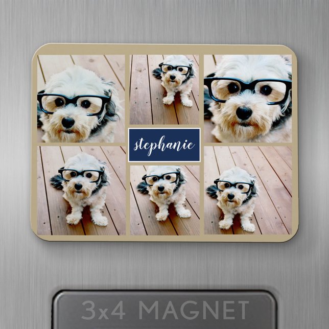 6 Name der Fotocollage Minimalistisch - Farbe bear Magnet (Personalized fridge magnet - add photos and custom text)