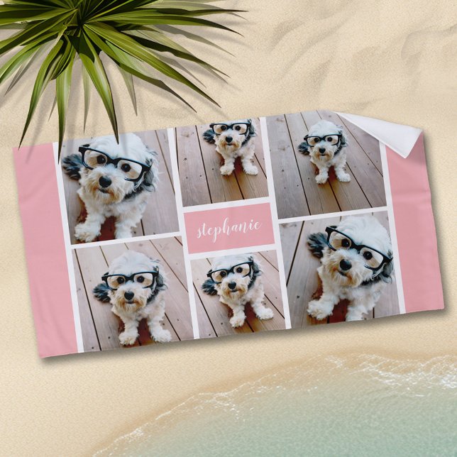 6 Name der Fotocollage Minimalistisch - Farbe bear Strandtuch (Personalized beach towel with photos and text)