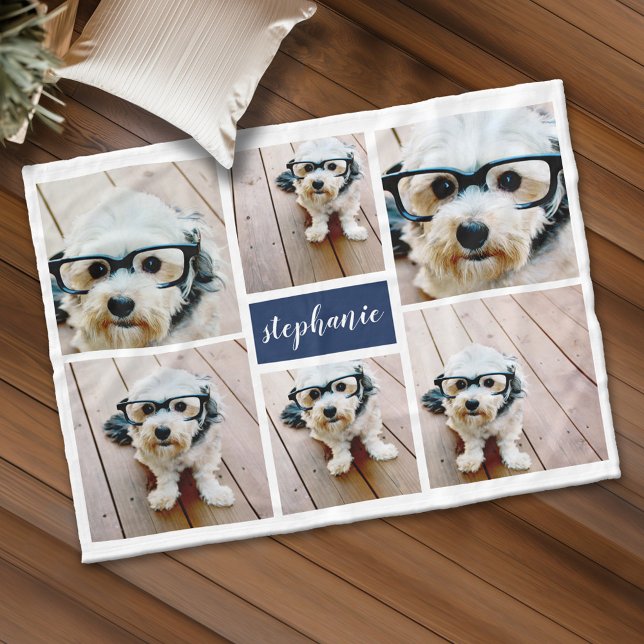 6 Name der Fotokollektion Minimalistisch - Blau be Fleecedecke (Personalized fleece blanket with 6 photos and custom text)