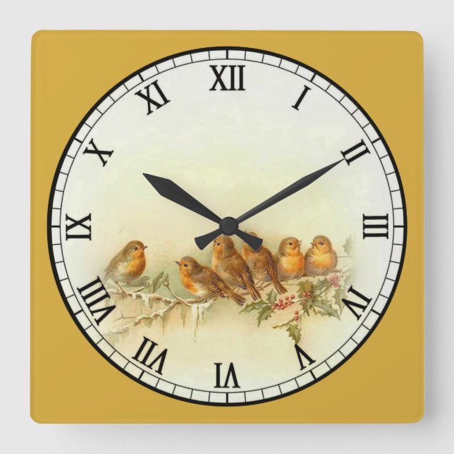 6 Niedlichen kleine Vögel auf einer Zweigstelle Quadratische Wanduhr (Vorderseite)