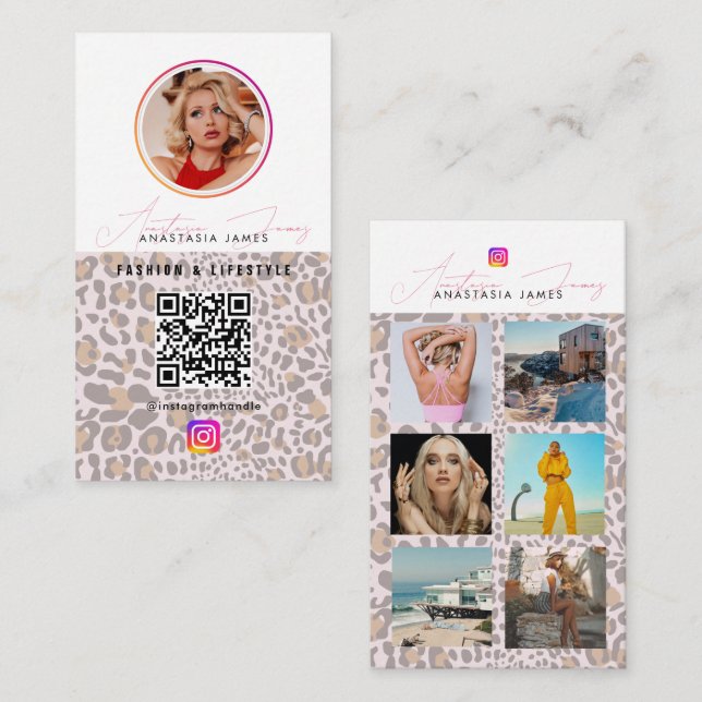 6 Photo Grid Social Media QR Code Leopard Print Visitenkarte (Vorne/Hinten)