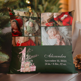 6 Photo  Pink Green Baby First Christmas Kissen
