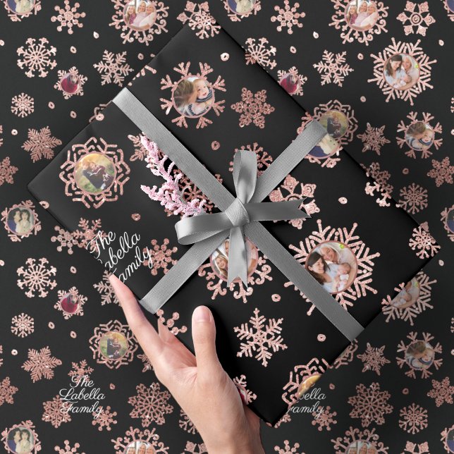 6 Pic Custom Rose Gold Glitzer Snowflakes Blk Gesc Geschenkpapier (Von Creator hochgeladen)