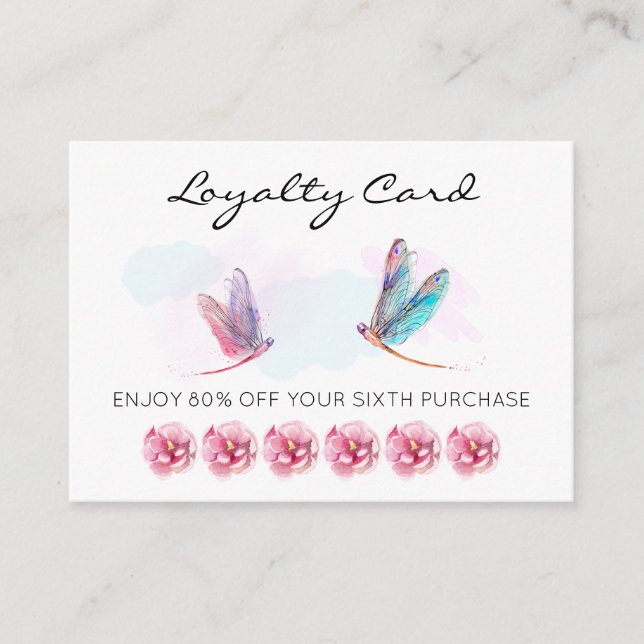 *~* 6 Punch Pink Blue Dragonfly Loyalty Card Treuekarte (Vorderseite)