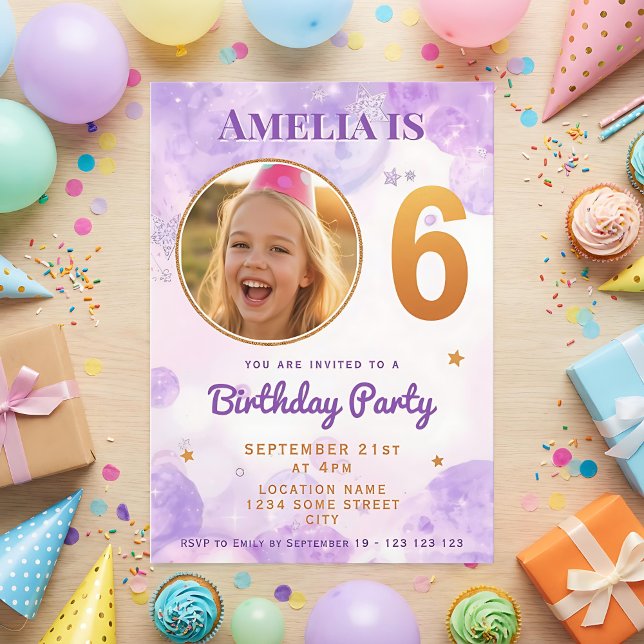 6 Purple Gold Star Bubbles 6th Birthday Invitation Einladung (Von Creator hochgeladen)