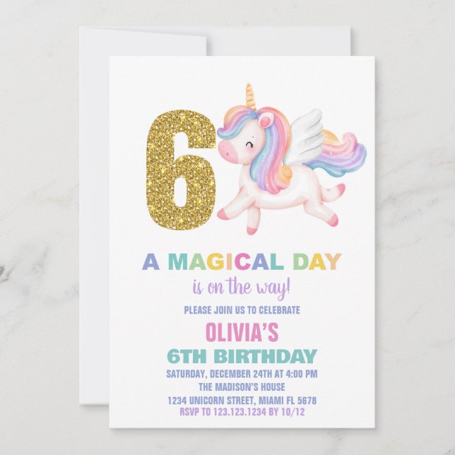 6. Rainbow Unicorn Geburtstag Einladungen (Vorderseite)