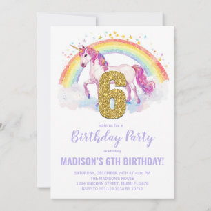 6. Rainbow Unicorn Geburtstag Einladungen