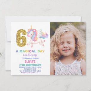 6. Rainbow Unicorn Geburtstag Einladungen mit Foto