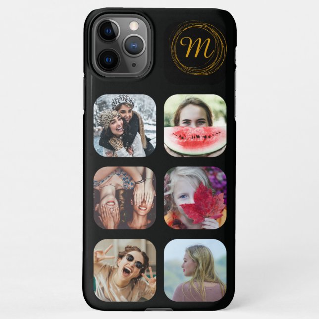 6 Square Foto Collage Black Monogram iPhone Case Hülle (Rückseite)