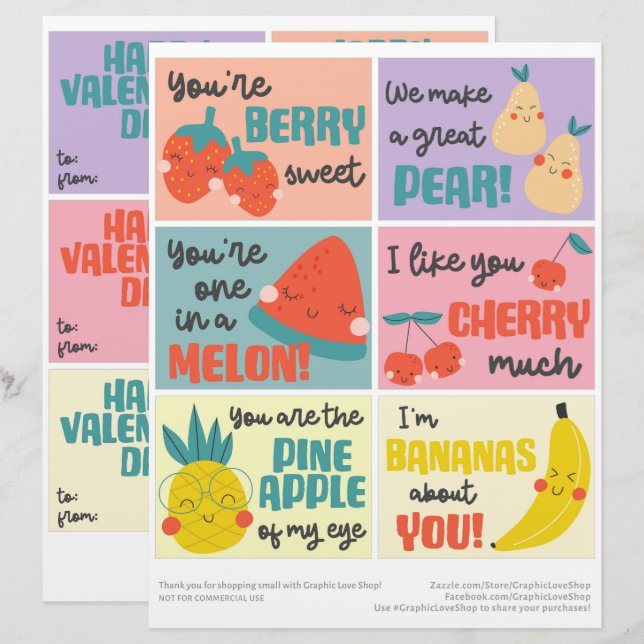 6 Sweet Fruit Kids Classroom Valentinstag Cards Briefbogen (Vorne/Hinten)