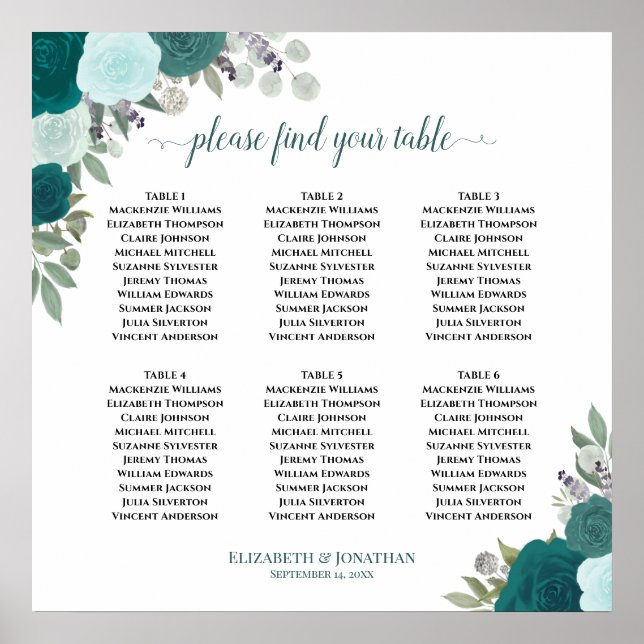 6 Tabelle Aquamarine Rose Boho Hochzeitssatelliten Poster (Vorne)