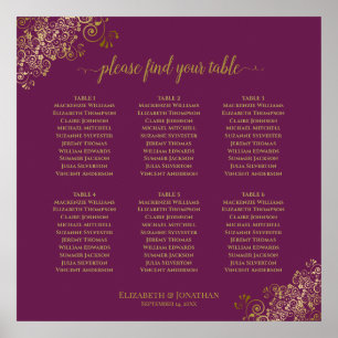 6 Tabelle Cassis Lila & Gold Hochzeitskarte Poster