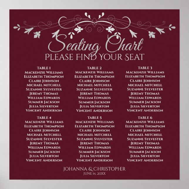 6 Tabelle Chic Silver Burgundy Wedding Seating Cha Poster (Vorne)
