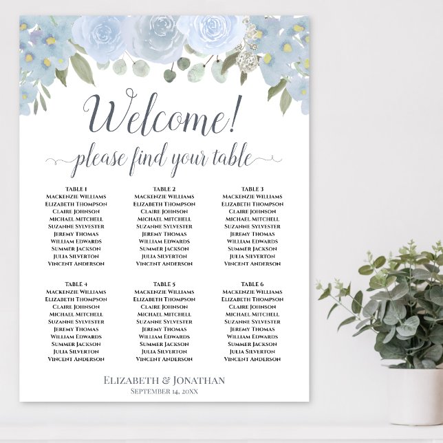6 Tabelle Dusty Blue Floral Wedding Chart Poster (In Situ on Wall)