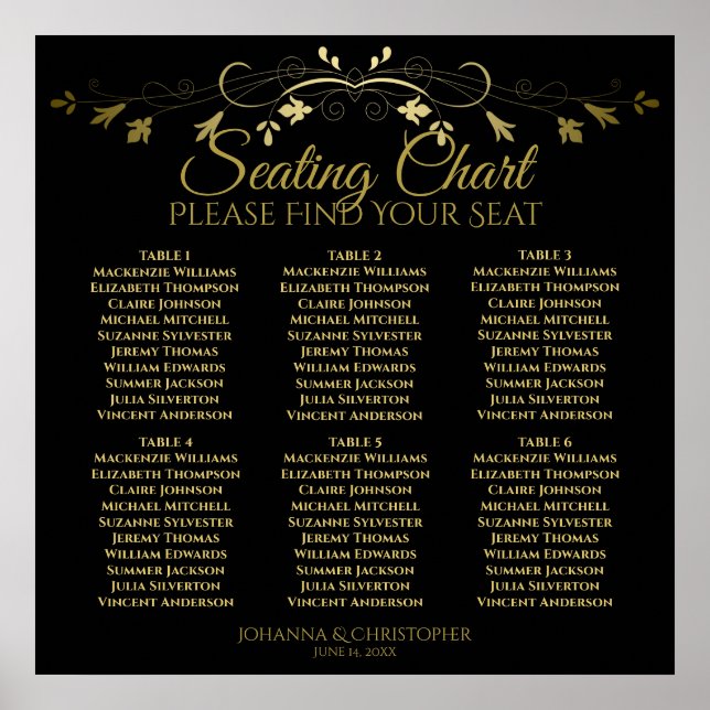 6 Tabelle Elegantes Gold & Black Wedding Seating C Poster (Vorne)