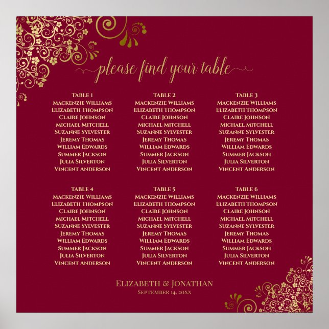 6 Tabelle Elegantes Gold & Burgund Seating Chart Poster (Vorne)