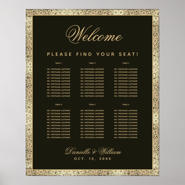 6 Tabelle Elegantes Schwarzes Gold Hochzeitstabell Poster (Vorne)