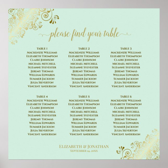 6 Tabelle Neo Mint & Gold Hochzeitskarte Poster (Vorne)