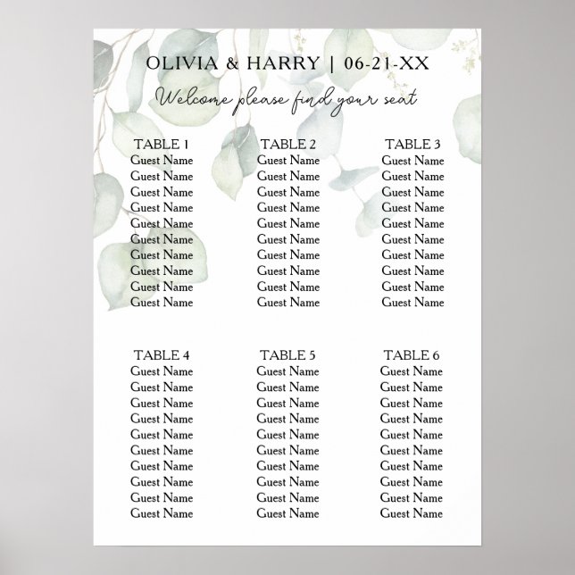 6 Tabelle Wasserfarbenekalyptus Hochzeitstabelle Poster (Vorne)