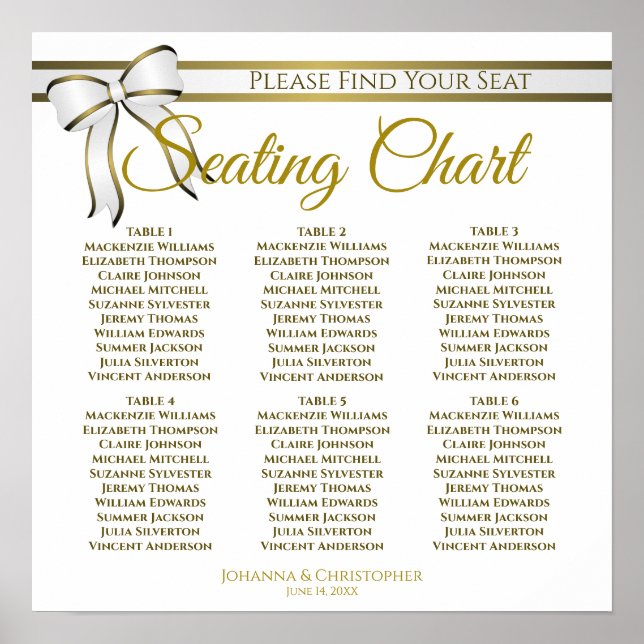 6 Tabelle White & Gold Hochzeitsdiagramm Poster (Vorne)