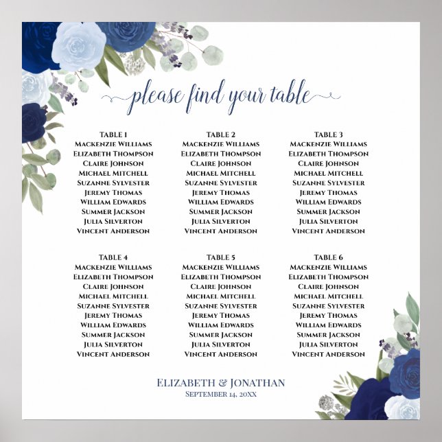 6 Table Blue Rose Boho Wedding Seating Chart Poster (Vorne)