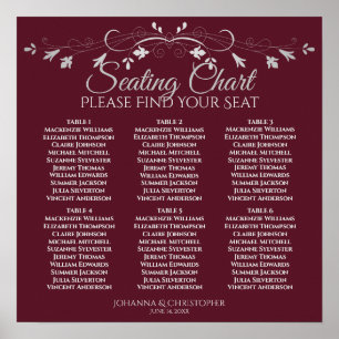 6 Table Chic Silver Burgundy Wedding Seating Chart Poster