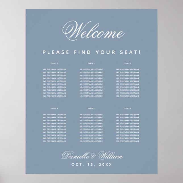 6 Table Dusty Blue Simple Wedding Seating Chart Poster (Vorne)