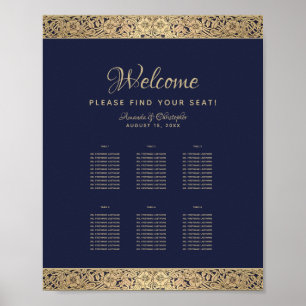 6 Tables Navy Blue Wedding Chart Gold Rose Poster