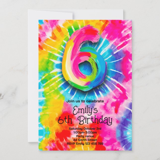 6. Tie Dye Geburtstag Einladung (Vorderseite)