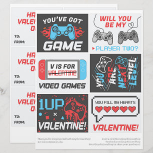 6 Video Game Kids Valentinstag Cards Briefbogen