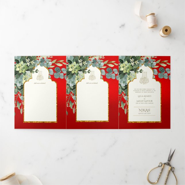 6pg NIKAH WALIMAH Red Gold Greenerity Wedding Dreifach Gefaltete Einladung (Außenbereich)