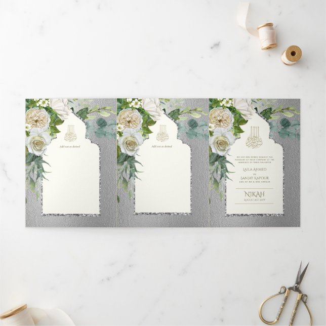 6pg NIKAH WALIMAH Weißes Grün Silberhochzeit Dreifach Gefaltete Einladung (Außenbereich)