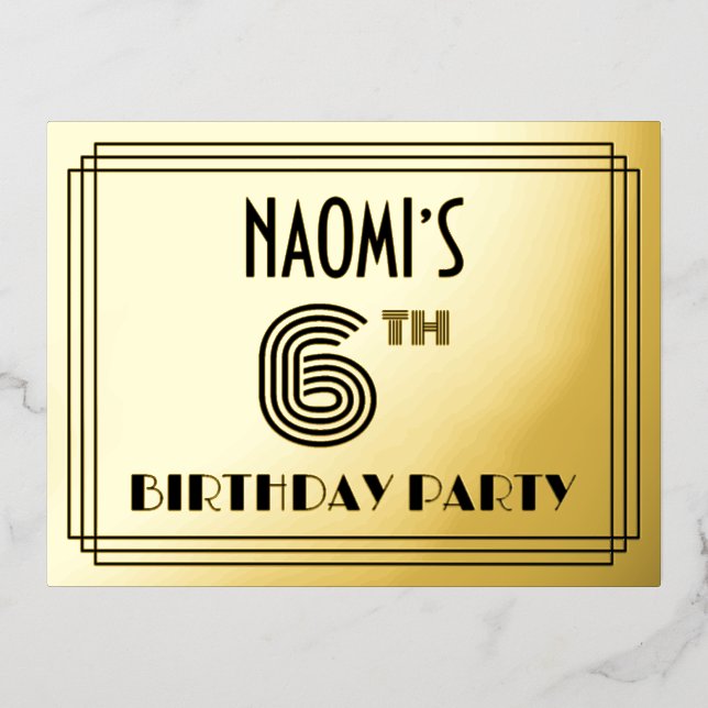 6th Birthday Party ~ Art Deco Style “6” + Name Folie Einladungspostkarte (Vorderseite)