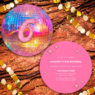 6th Birthday Party Gold Pink Glitter Disco Ball Einladung